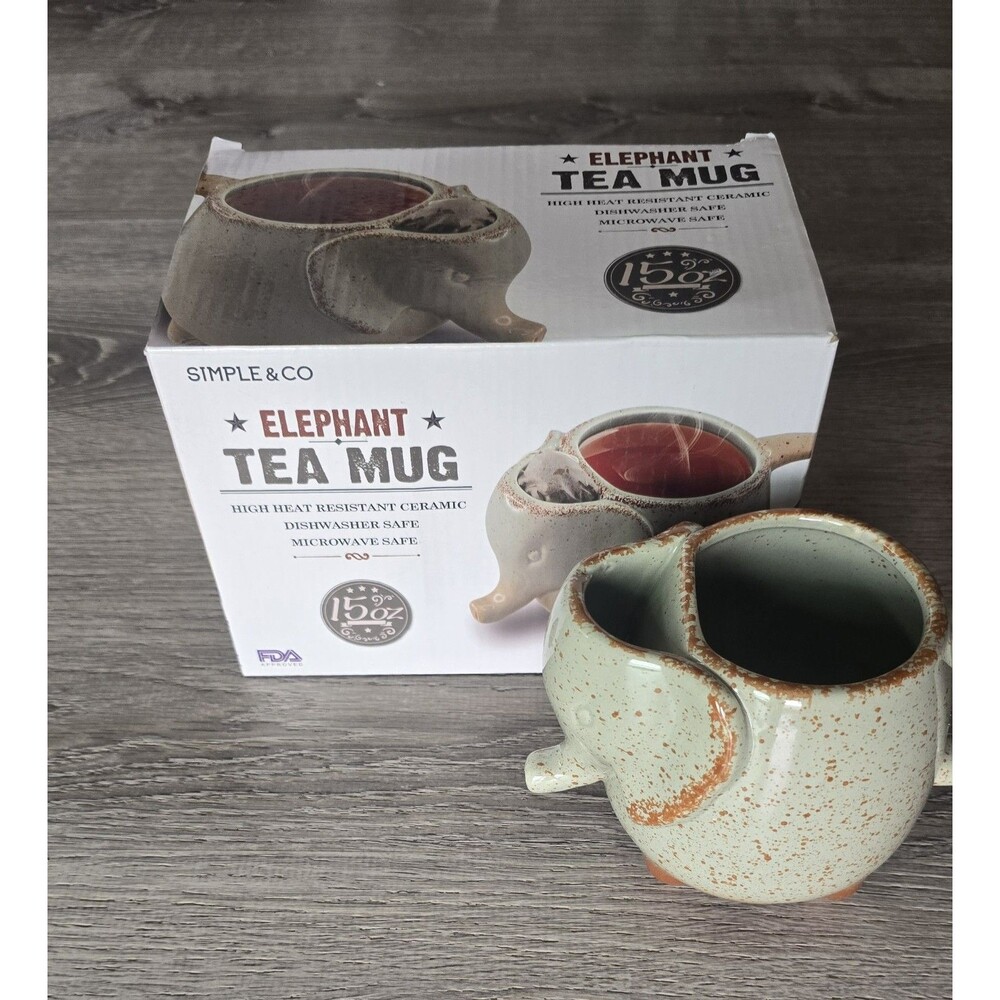 Ceramic Elephant Mug with Tea Bag Holder 15 oz Speckled Green Boho